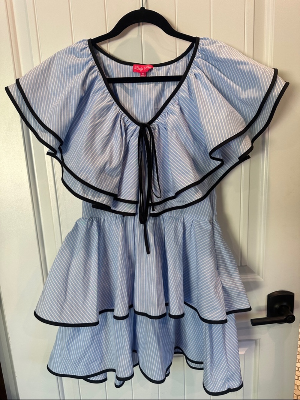 Light Blue Striped Mini Dress with Black Trim